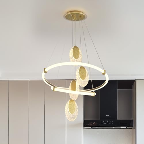 Vrygle Modern Kronleuchter LED Pendelleuchte: Kristall Leuchte mit 2 Ring & Kristalltropfen - 57W dimmbar, Höhenverstellbar Deckenlampe für Wohnzimmer, Esszimmer, Hohe Räume (Gold & Weiß) von Vrygle