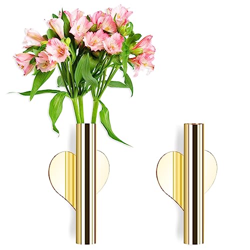 2 Stück Blumen-Röhren, Wand-Metallvase, Blumendekoration, Halter, goldene Metall-Wandvase mit 4 runden transparenten Aufklebern von Vspek