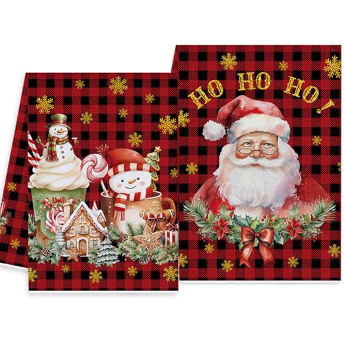 2 Stück Weihnachtsdeko Weihnachten Küchenhandtücher, Schwarz Rot kariert Weihnachtsmann Schneemann Geschirrtücher, Lustigen Badezimmer Dekor,Saisonale Weihnachtshandtuch Winter Weihnachts Tischdeko von Vspek