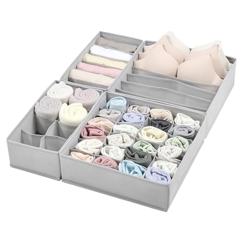 Vtopmart 4er-Set Schubladenorganizer, 6+7+8+24 Fächer | Schubladenteiler für Socken, BHs, Schals, Krawatten | Vliesstoff Aufbewahrungsboxen für Kleiderschrank, Kinderzimmer von Vtopmart