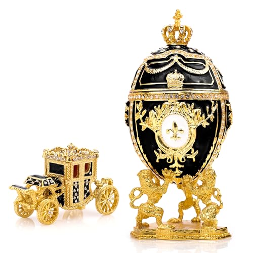Vtry Dekorative russische Fabergé-Ei-Nachbildung: extra groß, 16,8 cm, handbemalte Schmuckkästchen für die ultimative Heimdekoration, kommt mit Fabergé-Kutschen-Nachbildung (schwarz) von Vtry