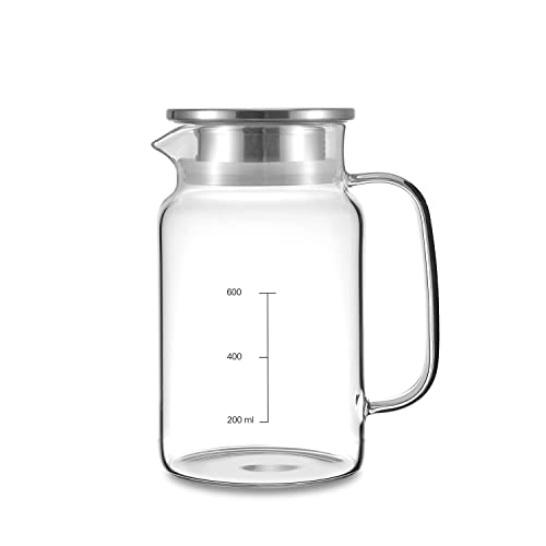 Vucchini 800ml 27OZ Wasserkrug aus Borosilikatglas mit Messmarkierung, 2-wege-deckel, Hitzebeständig,Tropffrei, Krug mit Breiter Öffnung für Milch, Tee, Cola, Saft, Küche, Kochen von Vucchini