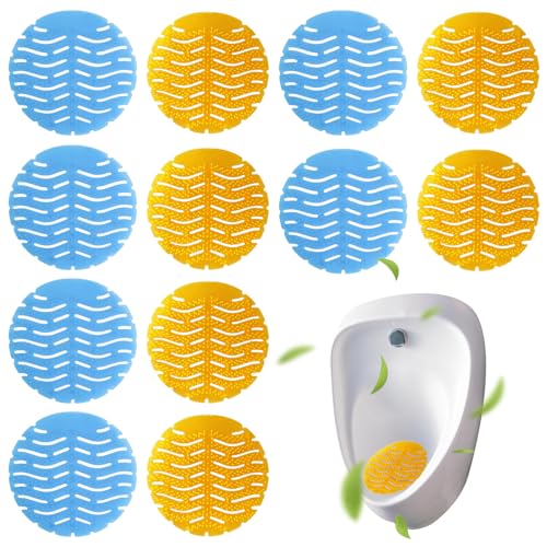 Vueinrg 12 Stück Urinalsieb mit Duft Pissoir Sieb Spritzschutz Urinal Einsatz Urinaleinlage Pissoirsieb Lufterfrischer Urinaleinsatz für Jedes Pissoir Urinal (16cm, Blau + Orange) von Vueinrg