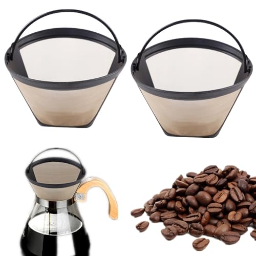 Vueinrg 2 Stück Kaffeefilter Wiederverwendbar Dauerkaffeefilter Größe 4 Goldtonfilter Kaffee Dauerfilter Edelstahl 100 Mesh Goldfilter Kegelförmig mit Griff Permanentfilter für 8-12 Tassen von Vueinrg