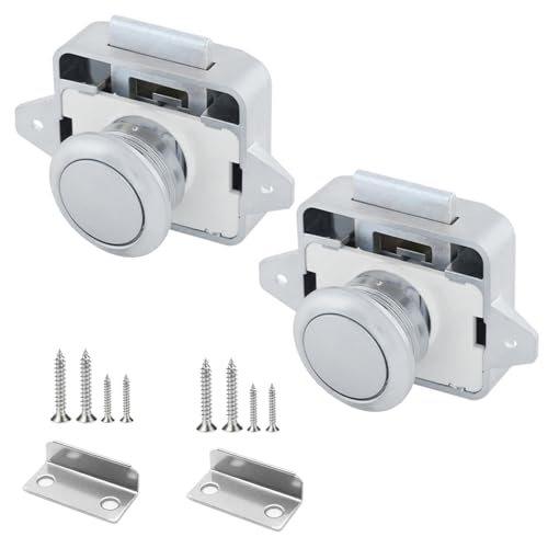 Vueinrg 2 Stück Push Button Lock Cabinet Lock Catch 14-16mm Push Lock Schloss Wohnmobil Metall Möbelschloss Verriegelung Schubladen Druckschloss für Camping Yachten RV Caravan Boot (Silberr) von Vueinrg