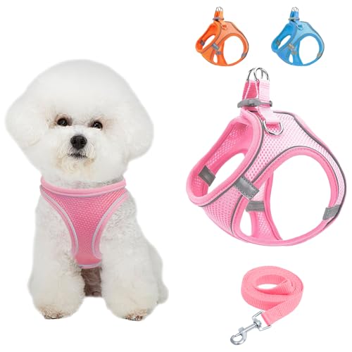 Hundegeschirr Kleine Hunde, Anti Zug Einstellbar Reflektierend Geschirr, Atmungsaktiv Weiches aus Mesh Geschirr Hund, Hundegeschirr und Leine Set (Rosa, M) von Vuemhjaey