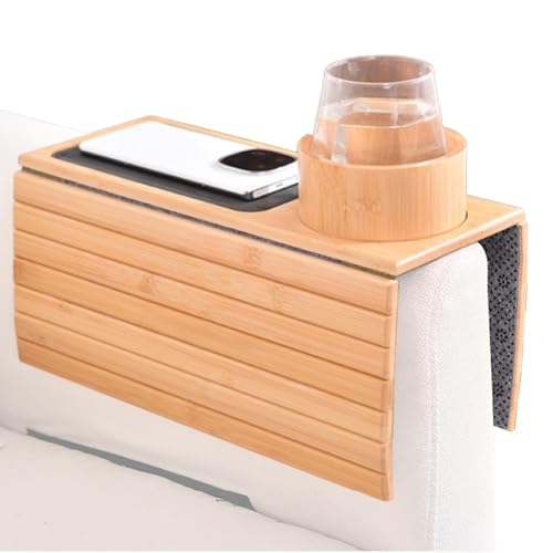 Vuggdt Faltbares Couch-Armlehnentablett | Couch- -Tablett mit Getränkehalter | Sofa-Arm-Tischtablett | abnehmbarer Getränkehalter | rutschfeste Armlehnen-Organizer für Snacks und Getränke von Vuggdt