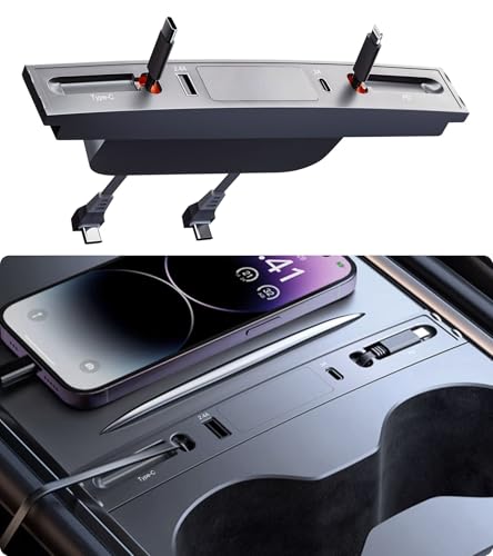Einziehbarer USB-Hub für Tesla Model Y 2021-2024 & Model 3 2021-2023 Mittelkonsole mit Schnellladung und eingebauten Kabeln Zubehör von Vugosson