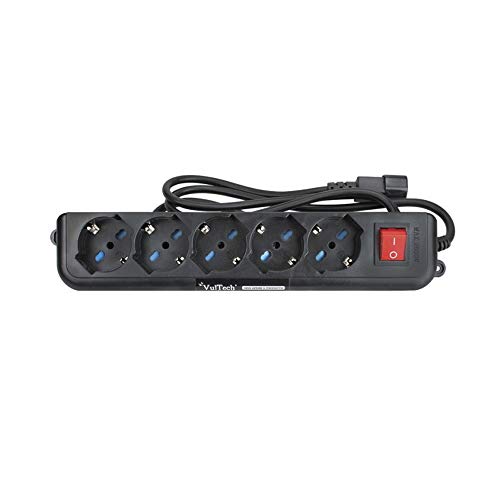 VulTech MU-UPS01 Mehrfachsteckdose für USV IEC14 mit 5 zweipoligen Steckdosen/Schuko 10/16 A, Ein-/Aus-Taste, feuerfest, Kabel 1,5 m, 2500 W, Schwarz von Vultech