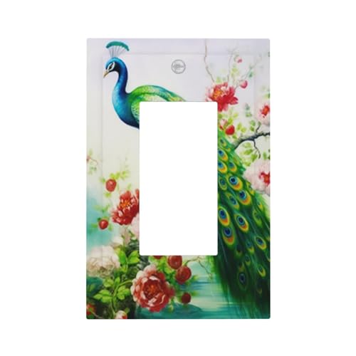 VunKo Ein-Gang-Wippschalter-Buchsenplatte – 1-Gang-Decora GFCI, Pfauenrote Blumen, Baum, dekorative Wandplatte, Abdeckung, Wandplatte mit Schrauben von VunKo