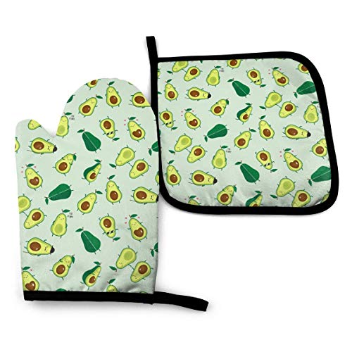 VunKo Niedliche Avocado-Backhandschuhe und Topflappen, hitzebeständige Ofenhandschuhe mit rutschfester Oberfläche für sicheres Grillen, Kochen, Backen, Grillen, 2er-Set von VunKo