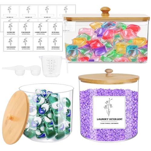 3 Stück Waschmittel Aufbewahrung mit Bambusdeckel,Waschpulver Aufbewahrungsbox mit 16 Wasserdichtes Etikett,Grosse Kapazität Waschmittelbox für Waschpods, Badebomben, DuftverstäRker, TrocknerbläTter von Vurlexat