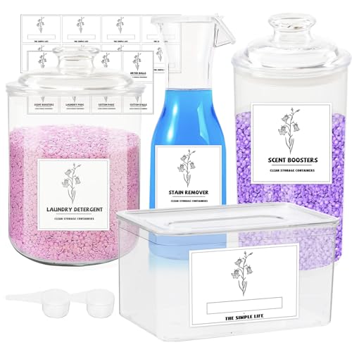 4 Stück Waschmittel Aufbewahrung mit 16 Wasserdichtes Etikett,Waschpulver Aufbewahrungsbox mit Abdeckung,Grosse Kapazität Waschmittelbox für Waschpods, Badebomben, TrocknerbläTter, DuftverstäRker von Vurlexat