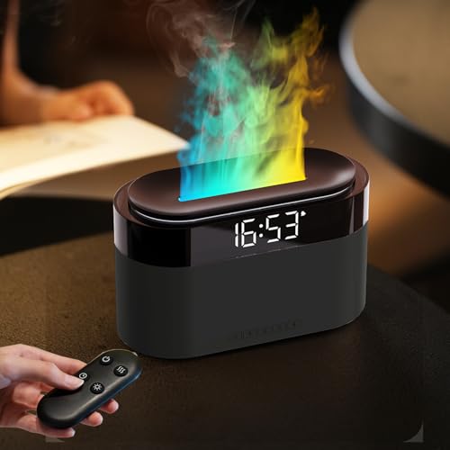 Flammen Aroma Diffuser mit Lichtwecker,Diffuser Ätherische Öle mit Fernbedienung,Wecker mit Licht,Luftbefeuchter mit Fernbedienung,Diffusor für Schlafzimmer,Büro,Spa,Hilft Beim Einschlafen,Schwarz von Vurlexat