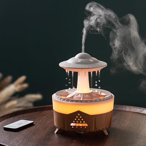 Regenwolken Luftbefeuchter und Diffusor,Luftbefeuchter mit Fernbedienung,7 Farben LED Aromatherapie Diffusor In Ufo-Form,Regengeräusche zum Einschlafen,350ml Raumbefeuchter Schlafzimmer,Holz von Vurlexat