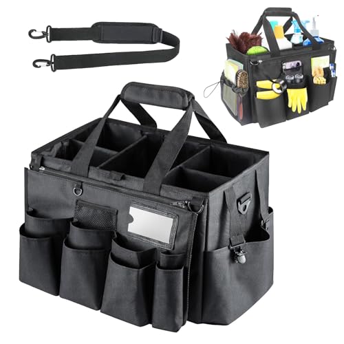 Vurlexat Reinigungs-Caddy-Tasche, wasserdichter Nylon-Reinigungs-Organizer mit Griff und verstellbarem Riemen, großes Fassungsvermögen, Reinigungsmittel-Organizer mit faltbaren Trennwänden und von Vurlexat