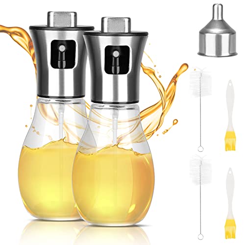 Vusddy 2 Stück Öl Sprühflasche Glas für Speiseöl, 200ml Edelstahl Ölsprüher für Heißluftfritteuse, Essig Olivenöl Sprayer mit Trichter und Bürste für BBQ Kochen Backen, Tropffrei & kein Verstopfen von Vusddy