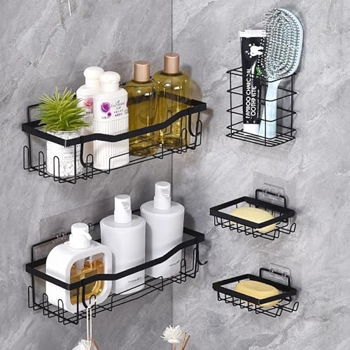 5Pcs Duschablage Ohne Bohren, Badezimmer Ablage mit Saugnapf Schwarz, Selbstklebende Regale Badezimmer Organizer, Duschregal Edelstahl Badezimmer Kuche, Duschkorb mit Seifenkorb, Zahnbürstenhalter von Vusddy