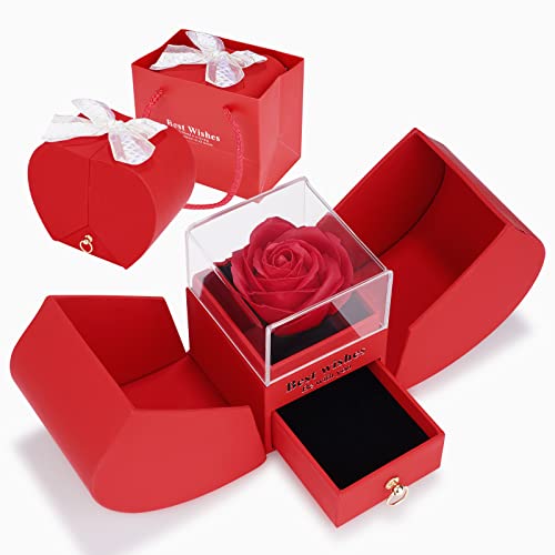 Ewige Echte Rose Geschenkbox für Frauen, Ewige Rose im Glas mit Schmuck Box, Handgemachte Konservierte Rot Rose Schublade Geschenk für sie Freundin Frau Muttertag Valentinstag Hochzeit Jahrestag von Vusddy