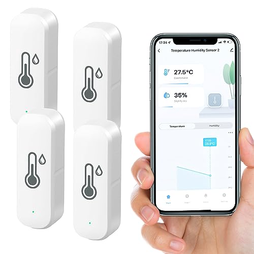 Vusddy 4 Stücke Wlan Thermometer Hygrometer für Innen, Wifi Temperatursensor kabelloser mit Datenrekorder, Fernüberwachung und Alarm über die Tuya-App, kompatibel mit Alexa, Google Home, Smart Life von Vusddy