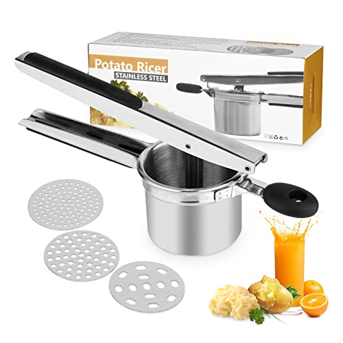 Vusddy Kartoffelpresse aus rostfreiem Edelstahl - Professionelle Spaghettieispresse für Kartoffelpüree, Gemüsebrei - inklusive 3 Lochscheiben, ergonomischem Design, Silikongriffen, spülmaschinenfest von Vusddy