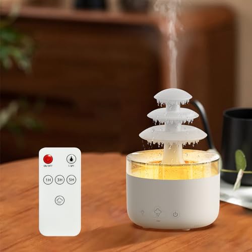 Vusddy Regenwolken Luftbefeuchter, 2-in-1 Air Humidifier/Aroma Diffuser mit Fernbedienung, 7 Farben Nachtlicht und Regengeräusche, 500ML Regen Pilz Lampe mit Wasser für Raum Schlafzimmer Kinderzimmer von Vusddy