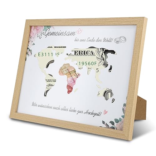 Vusddy Weltkarte Geld Hochzeitsgeschenk im Holz-Bilderrahmen - Personalisierte Kreative Geldgeschenk Verpackung A4 für Hochzeit, Polterabend, Brautpaar, Geburtstag, Erntedank, Weihnachten von Vusddy