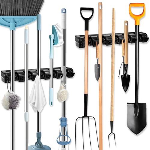 Vuxava 2 Stück Besenhalterung Wand, Mit 10 Nuten, 12 Haken – Gerätehalter für Gartengeräte & Garage – Wandhalterung für Besen, Schaufel, Werkzeug – Gartengerätehalter für Garten & Haushalt von Vuxava