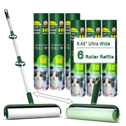 Große Fusselrollen für Tierhaare, Boden-Fusselrolle mit 24 cm Riesen-Fusselrolle, Nachfüllpackung, 360 Blatt insgesamt, ausziehbarer Griff, klebrige Rollen für Boden, Teppich, Möbel, Kleidung und von VweRerk