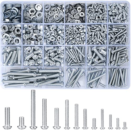 Vwoqiy 1080 Stk M3 M4 M5 M6 Schraubenset mit Sechskantmuttern und Unterlegscheiben, Linsenkopfschrauben, Gewindeschrauben Set, Kreuzschlitzschrauben, Maschinenschrauben Sortiment Kit (C) von Vwoqiy