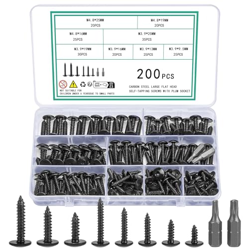 200 Stück M4.8 M3.9 Blechschrauben Selbstschneidende Schrauben Schwarz, Karosserieschrauben, Torx Holzschrauben Set, Flachkopfschrauben, Scheibenkopfschrauben mit Torx Schrauben Set (Schwarz 200) von Vwoqiy