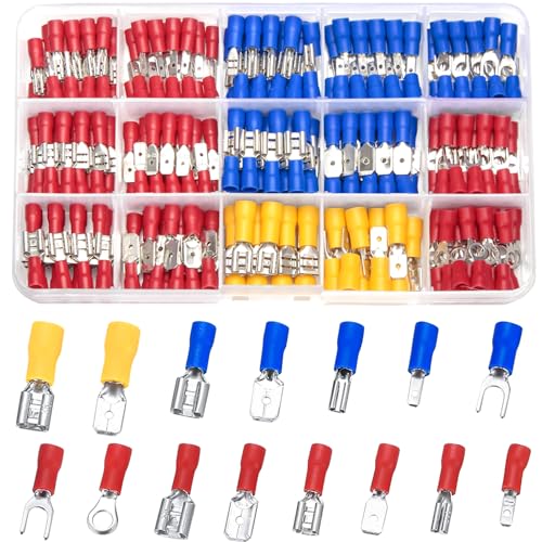 Vwoqiy 280 Stk Kabelschuhe Set, Flachstecker Quetschverbinder Sortiment, Flachsteckhülsen Gabelkabelschuhe Ringkabelschuhe, Elektrische Steckverbinder (Drei Farben 280) von Vwoqiy