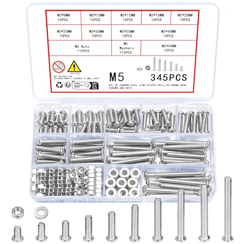 345 Stück M5 Schrauben Set, Linsenkopfschrauben Muttern und Unterlegscheiben Set, Kreuzschlitzschrauben mit Muttern, Gewindeschrauben Maschinenschrauben und Muttern Sortiment Kit(Silber 345 M5) von Vwoqiy