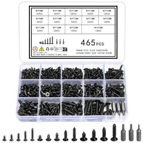 465 Stück M3 M4 M5 Holzschrauben Sortiment Set, Flachkopfschrauben Selbstschneidende Schrauben, schwarze Metall Senkkopf Innensechskantschrauben für DIY Projekt, Reparatur, mit 3 Bohrern von Vwoqiy