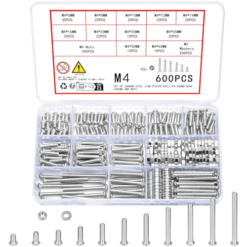 600 Stück M4 Schrauben Set, Linsenkopfschrauben Muttern und Unterlegscheiben Set, Kreuzschlitzschrauben mit Muttern, Gewindeschrauben Maschinenschrauben und Muttern Sortiment Kit(Silber 600 M4) von Vwoqiy