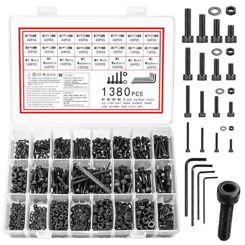 1380 x Sechskantschrauben mit Muttern, M2 M3 M4 M5 Schrauben Set, Zylinderschrauben mit Innensechskant Schrauben Set, Schwarz Maschinenschrauben Muttern Set mit Unterlegscheiben Gewindeschrauben Set 1380 x Sechskantschrauben mit Muttern, M2 M3 M4 M5 Schrauben Set, Zylinderschrauben mit Innensechskant Schrauben Set, Schwarz Maschinenschrauben Muttern Set mit Unterlegscheiben Gewindeschrauben Set von Vwoqiy