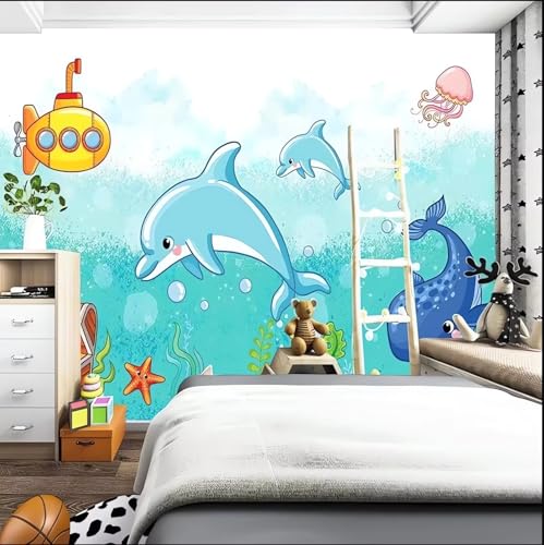 VwrxnchCoatx Benutzerdefinierte 3D-Delfin-Tapete,Handgemaltes Cartoon-Wandbild Für Kinderzimmer,Kreatives Ozean-Thema,Wandkunst Für Kinderzimmer,200 X 140 Cm von VwrxnchCoatx