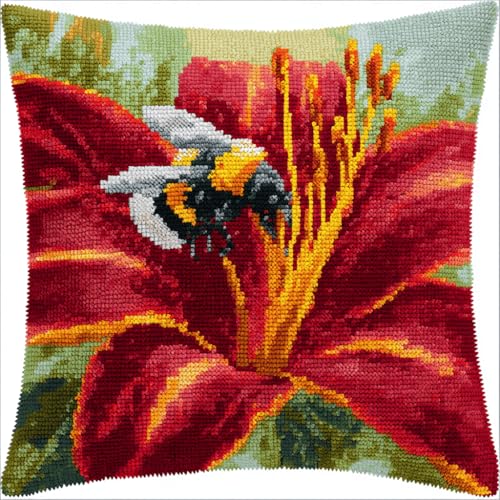 VwrxnchCoatx Knüpfteppich Zum Selber Knüpf-Sets Mit Kissen Knüpfen-Set 43X43Cm Kissenbezug-Set Für Erwachsene Und Kinder Latch Hook Kit Heimaccessoire（Eine Biene Auf Einer Roten Lilie） von VwrxnchCoatx