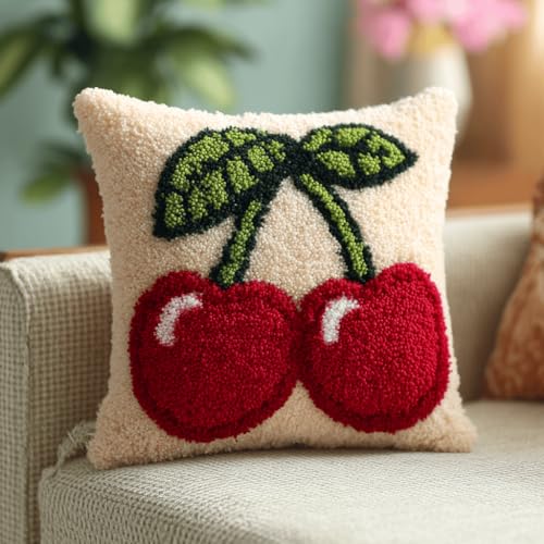 VwrxnchCoatx Knüpfteppich Zum Selber Knüpf-Sets Mit Kissen Knüpfen-Set 43X43Cm Kissenbezug-Set Für Erwachsene Und Kinder Latch Hook Kit Heimaccessoire（Fruchtkirsche） von VwrxnchCoatx