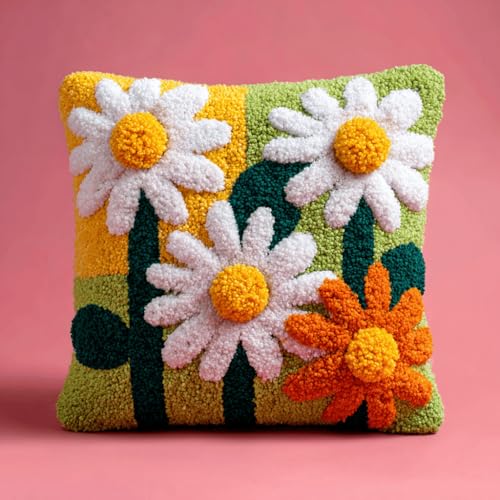 VwrxnchCoatx Knüpfteppich Zum Selber Knüpf-Sets Mit Kissen Knüpfen-Set 43X43Cm Kissenbezug-Set Für Erwachsene Und Kinder Latch Hook Kit Heimaccessoire（Gänseblümchen） von VwrxnchCoatx