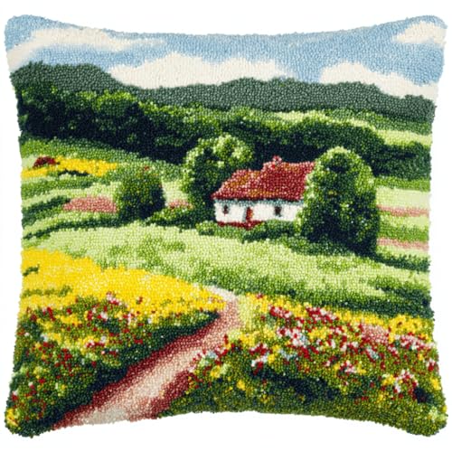 VwrxnchCoatx Knüpfteppich Zum Selber Knüpf-Sets Mit Kissen Knüpfen-Set 43X43Cm Kissenbezug-Set Für Erwachsene Und Kinder Latch Hook Kit Heimaccessoire（Grüne Ländliche Wiese） von VwrxnchCoatx