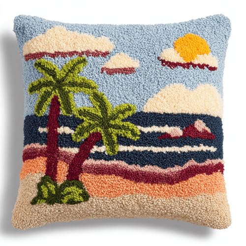VwrxnchCoatx Knüpfteppich Zum Selber Knüpf-Sets Mit Kissen Knüpfen-Set 43X43Cm Kissenbezug-Set Für Erwachsene Und Kinder Latch Hook Kit Heimaccessoire（Kokosnussbäume Am Strand） von VwrxnchCoatx