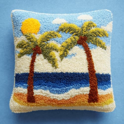 VwrxnchCoatx Knüpfteppich Zum Selber Knüpf-Sets Mit Kissen Knüpfen-Set 43X43Cm Kissenbezug-Set Für Erwachsene Und Kinder Latch Hook Kit Heimaccessoire（Kokosnussbäume Am Strand） von VwrxnchCoatx