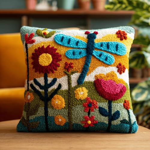 VwrxnchCoatx Knüpfteppich Zum Selber Knüpf-Sets Mit Kissen Knüpfen-Set 43X43Cm Kissenbezug-Set Für Erwachsene Und Kinder Latch Hook Kit Heimaccessoire（Libelle Und Blume） von VwrxnchCoatx