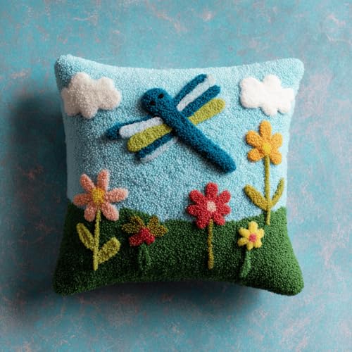 VwrxnchCoatx Knüpfteppich Zum Selber Knüpf-Sets Mit Kissen Knüpfen-Set 43X43Cm Kissenbezug-Set Für Erwachsene Und Kinder Latch Hook Kit Heimaccessoire（Libelle Und Blume） von VwrxnchCoatx