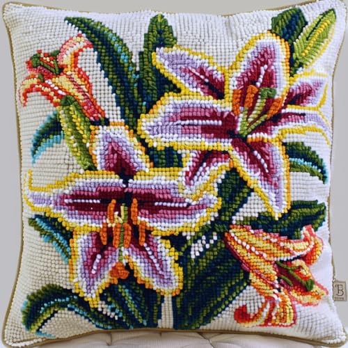 VwrxnchCoatx Knüpfteppich Zum Selber Knüpf-Sets Mit Kissen Knüpfen-Set 43X43Cm Kissenbezug-Set Für Erwachsene Und Kinder Latch Hook Kit Heimaccessoire（Lilien） von VwrxnchCoatx
