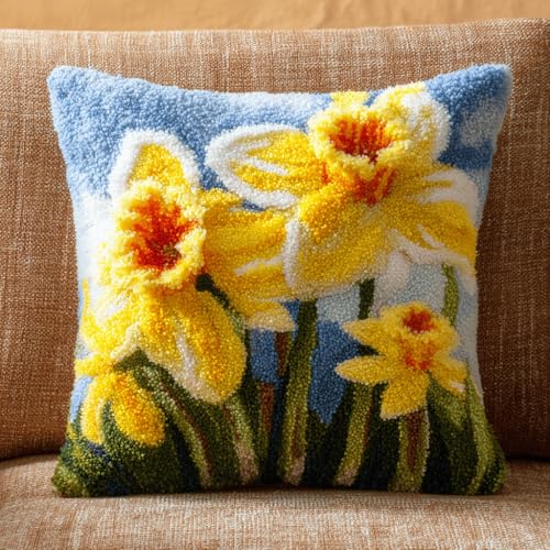 VwrxnchCoatx Knüpfteppich Zum Selber Knüpf-Sets Mit Kissen Knüpfen-Set 43X43Cm Kissenbezug-Set Für Erwachsene Und Kinder Latch Hook Kit Heimaccessoire（Narzisse） von VwrxnchCoatx