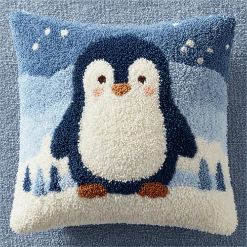 VwrxnchCoatx Knüpfteppich Zum Selber Knüpf-Sets Mit Kissen Knüpfen-Set 43X43Cm Kissenbezug-Set Für Erwachsene Und Kinder Latch Hook Kit Heimaccessoire（Pinguin） von VwrxnchCoatx
