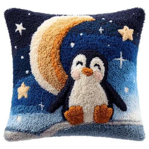 VwrxnchCoatx Knüpfteppich Zum Selber Knüpf-Sets Mit Kissen Knüpfen-Set 43X43Cm Kissenbezug-Set Für Erwachsene Und Kinder Latch Hook Kit Heimaccessoire（Pinguin） von VwrxnchCoatx