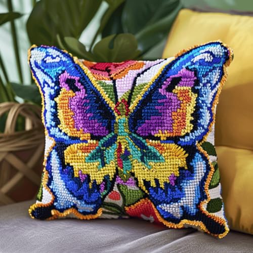 VwrxnchCoatx Knüpfteppich Zum Selber Knüpf-Sets Mit Kissen Knüpfen-Set 43X43Cm Kissenbezug-Set Für Erwachsene Und Kinder Latch Hook Kit Heimaccessoire（Schmetterling） von VwrxnchCoatx